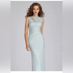 Teri Jon Light Blue and Gold Metallic Gown